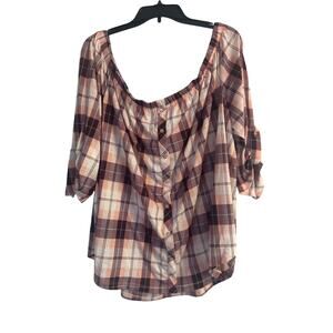 NWT Polly & Esther Plaid Off the Shoulder Blouse 3/4 Sleeves Size 3X